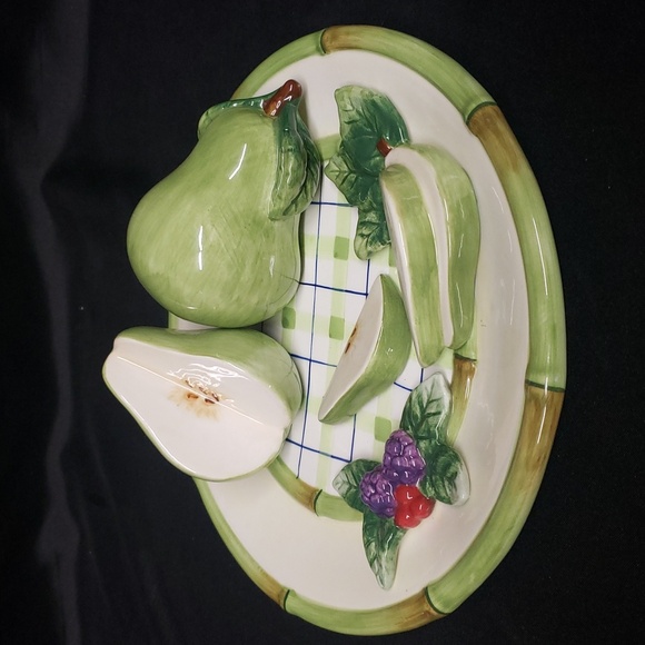 Ganz Bella Casa Ceramic Fruit Design Plate, Pears on Green Trimmed Pl… - Picture 2 of 5